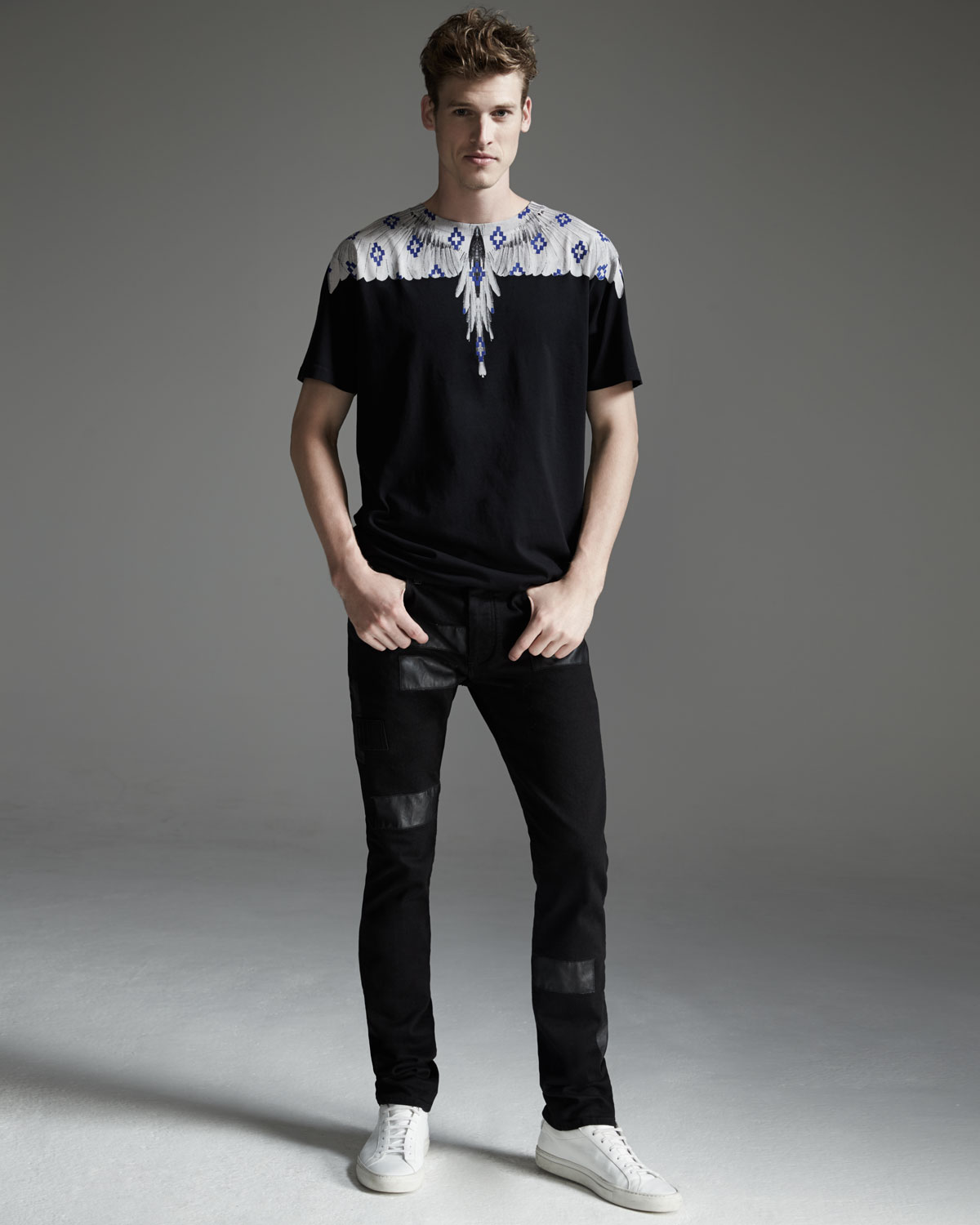 Feather-Print Short-Sleeve Tee, Black Multi