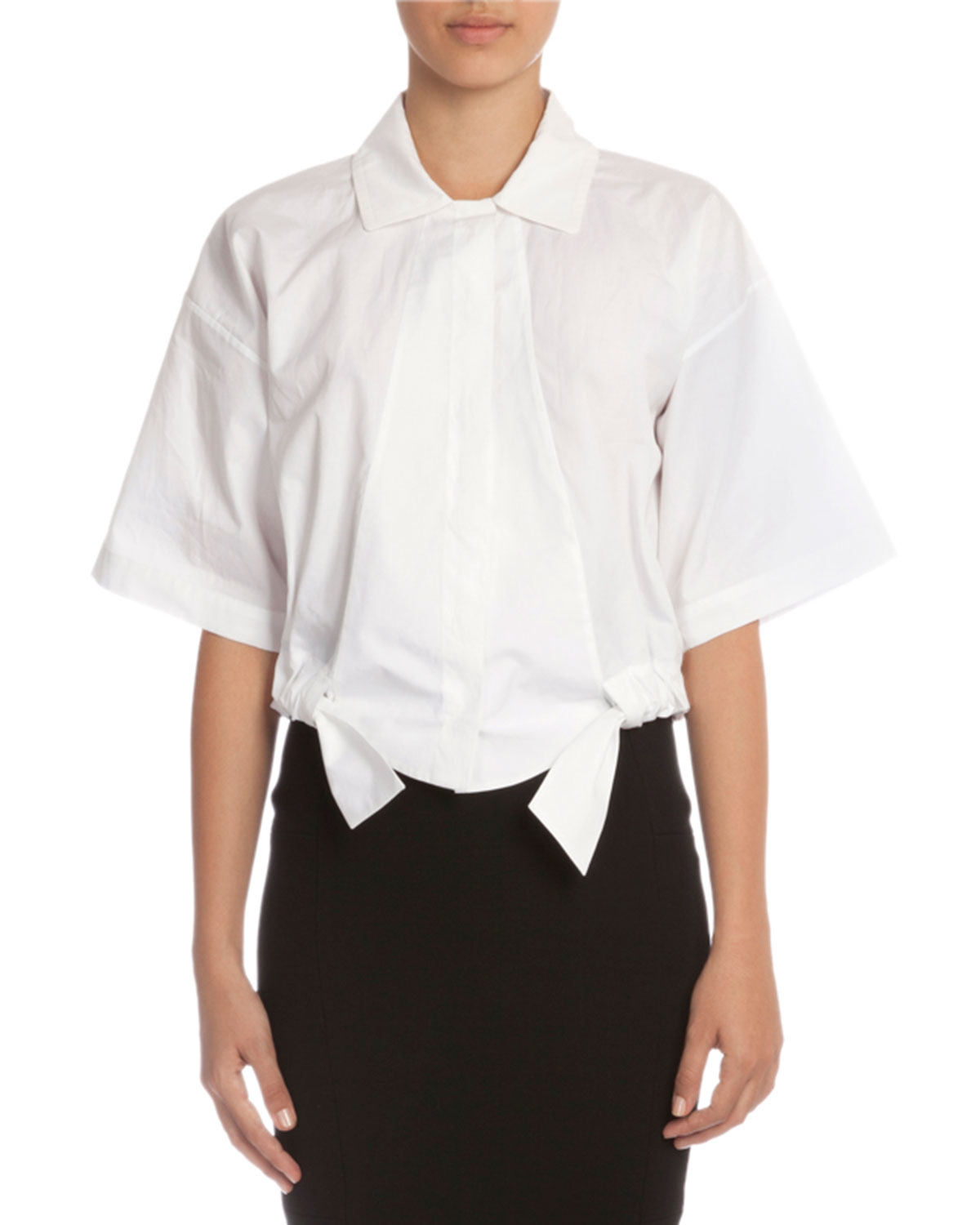 Wide Chop Short-Sleeve Cropped Blouse, White