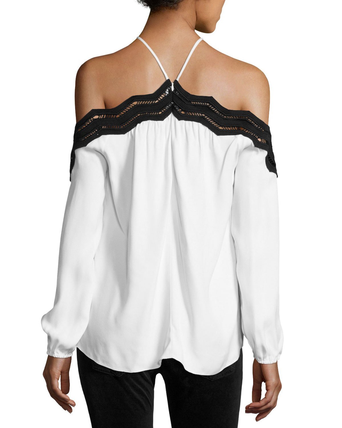 Sandy Cold-Shoulder Long-Sleeve Top with Lace Trim, Ivory/Black