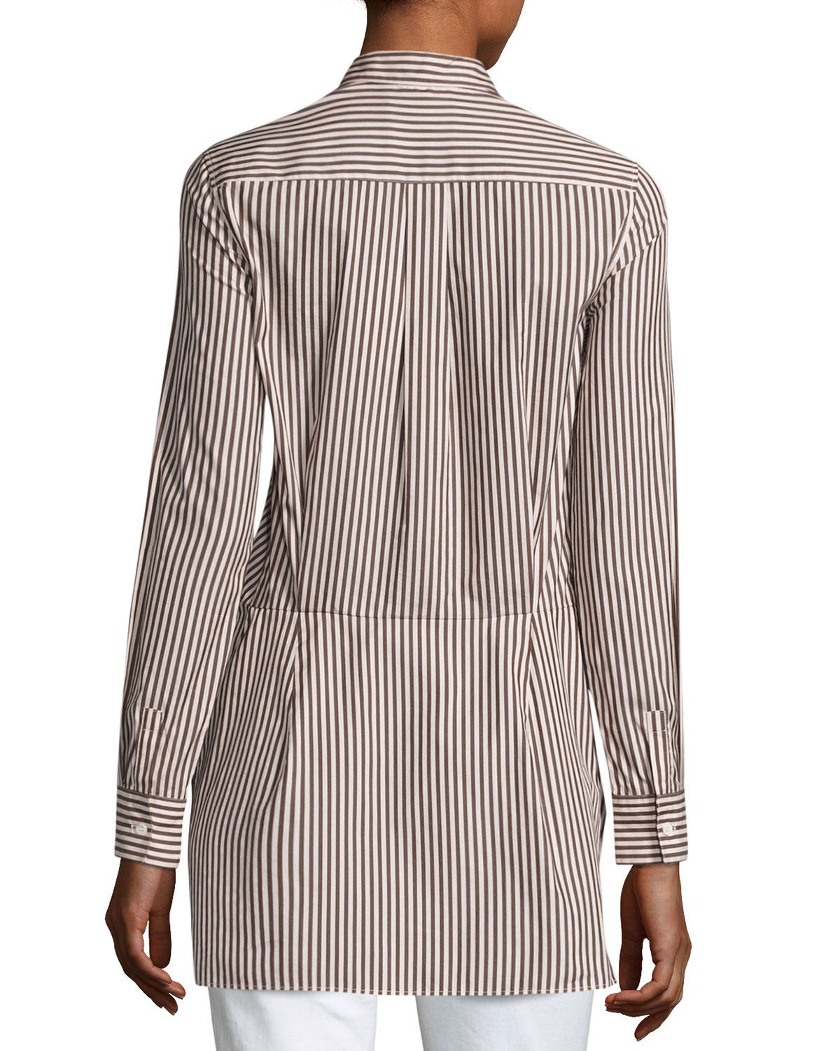 Long-Sleeve Striped Tie-Front Top, Ecru/Brown