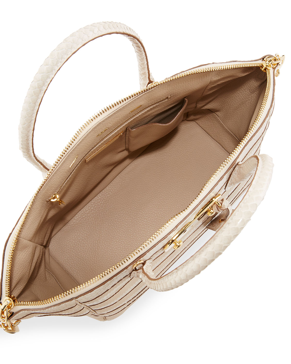 Brera 34 Python & Vitello Striped Satchel Bag, Limestone