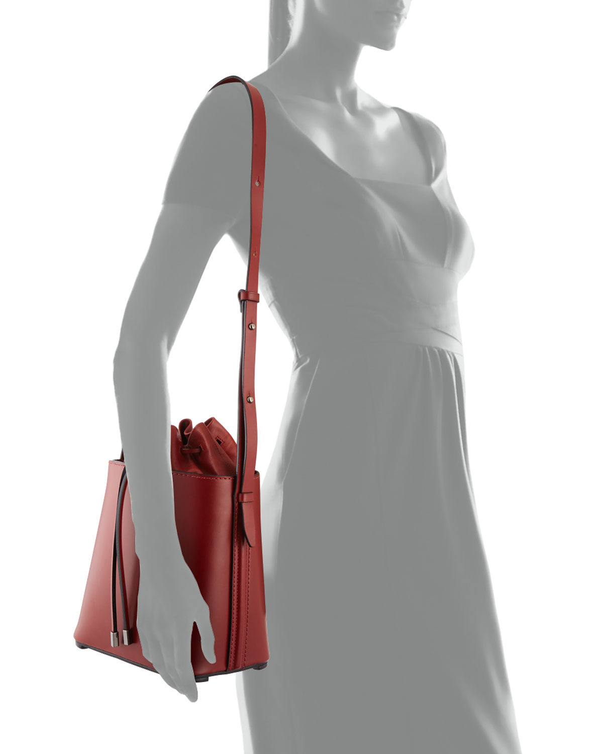 Hana Leather Drawstring Bucket Bag, Brick