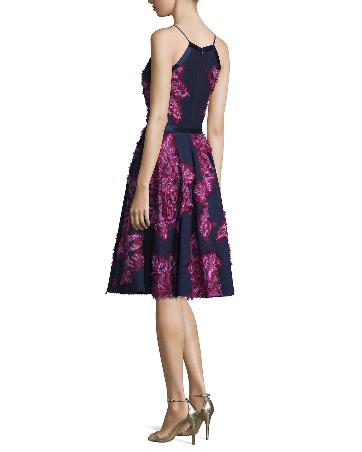 Sleeveless Chiffon Dress W/Embellished Flowers, Navy Multi 