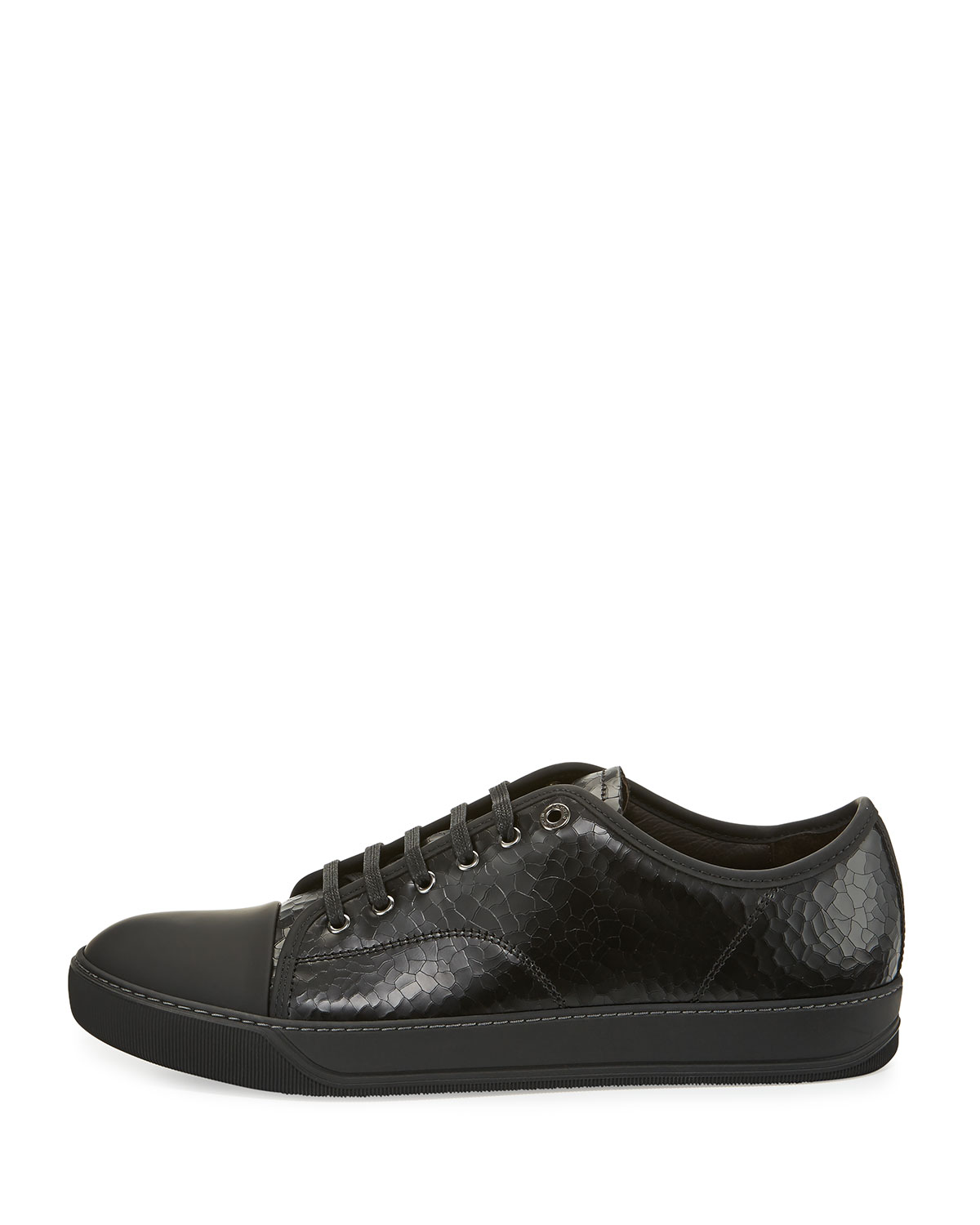 Men's Cap-Toe Crackle Leather Low-Top Sneaker, Black