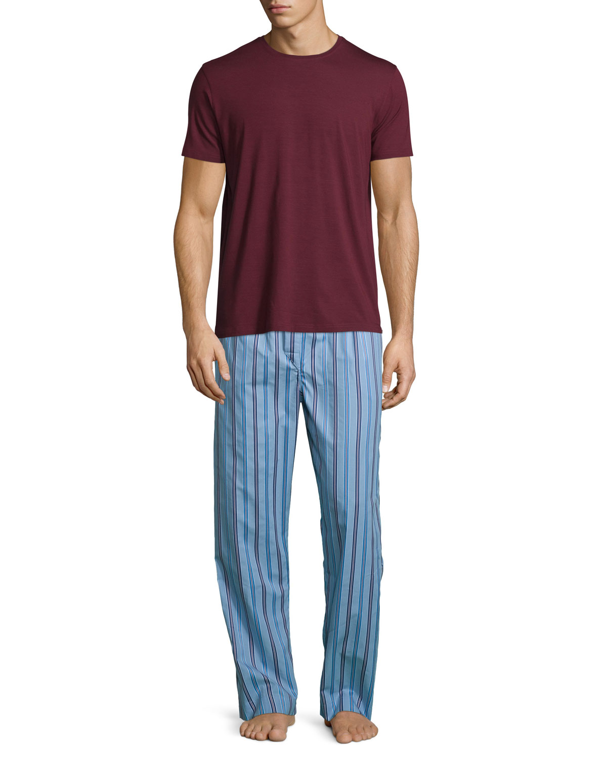 Satin-Striped Pajama Pants, Light Blue