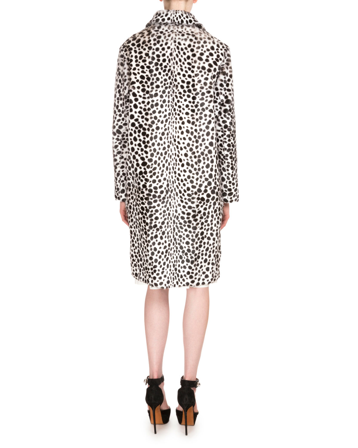 Dot-Print Fur Coat, White/Black