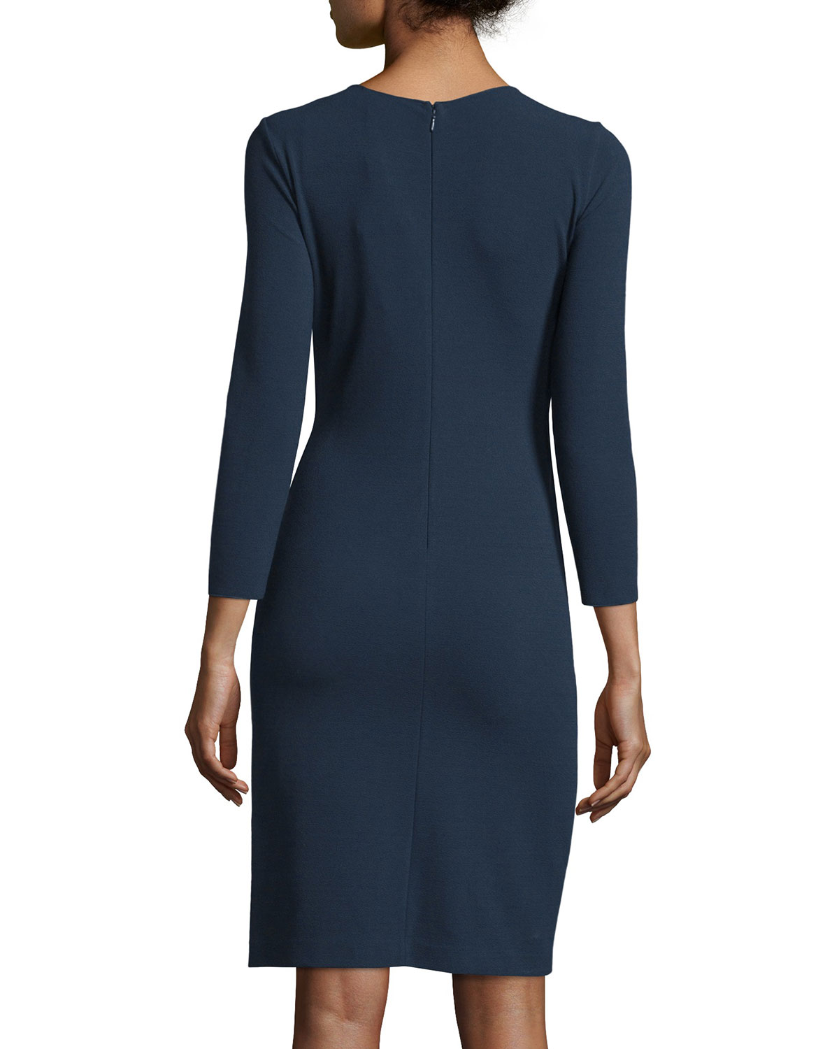 3/4-Sleeve Gathered-Front Dress, Astral Blue