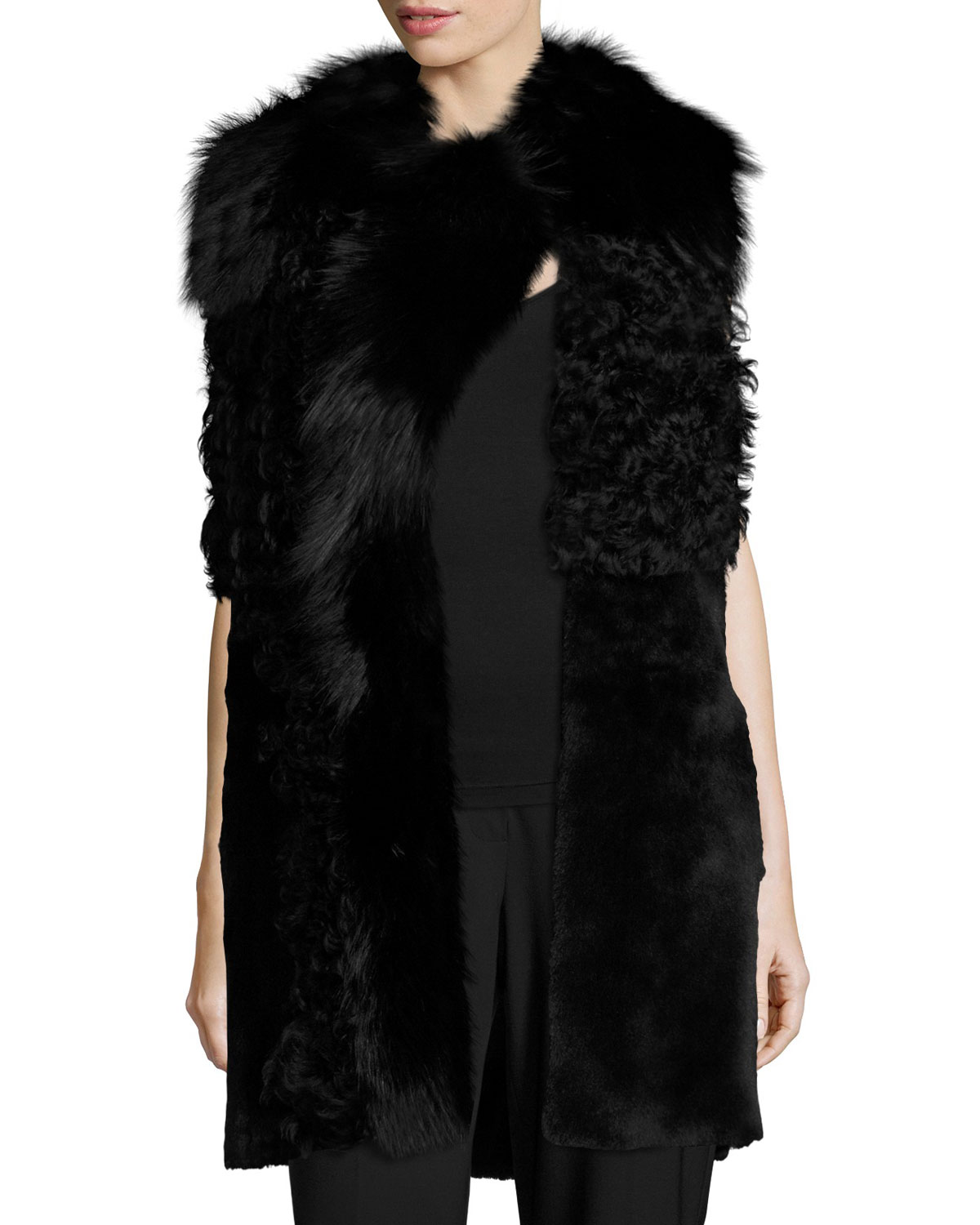 Cyrene Shearling & Fox Fur Vest, Black