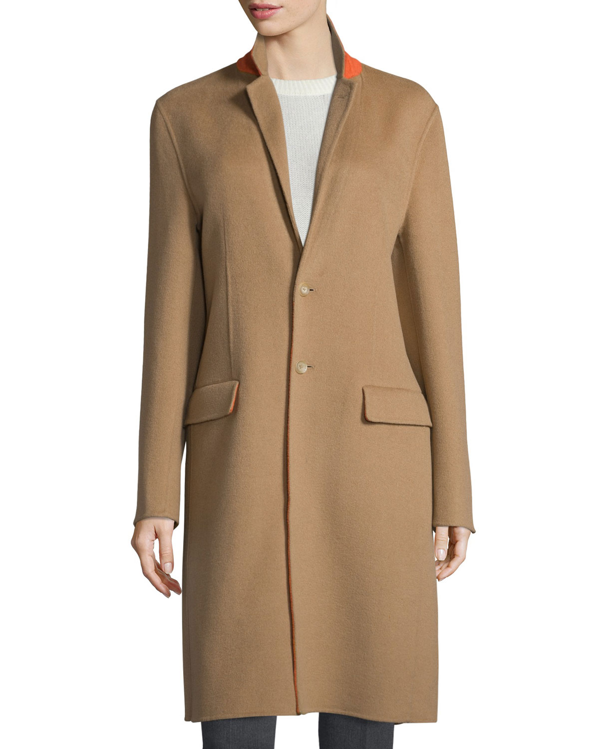 Double-Face Wool-Blend Coat, Camel/Tangerine