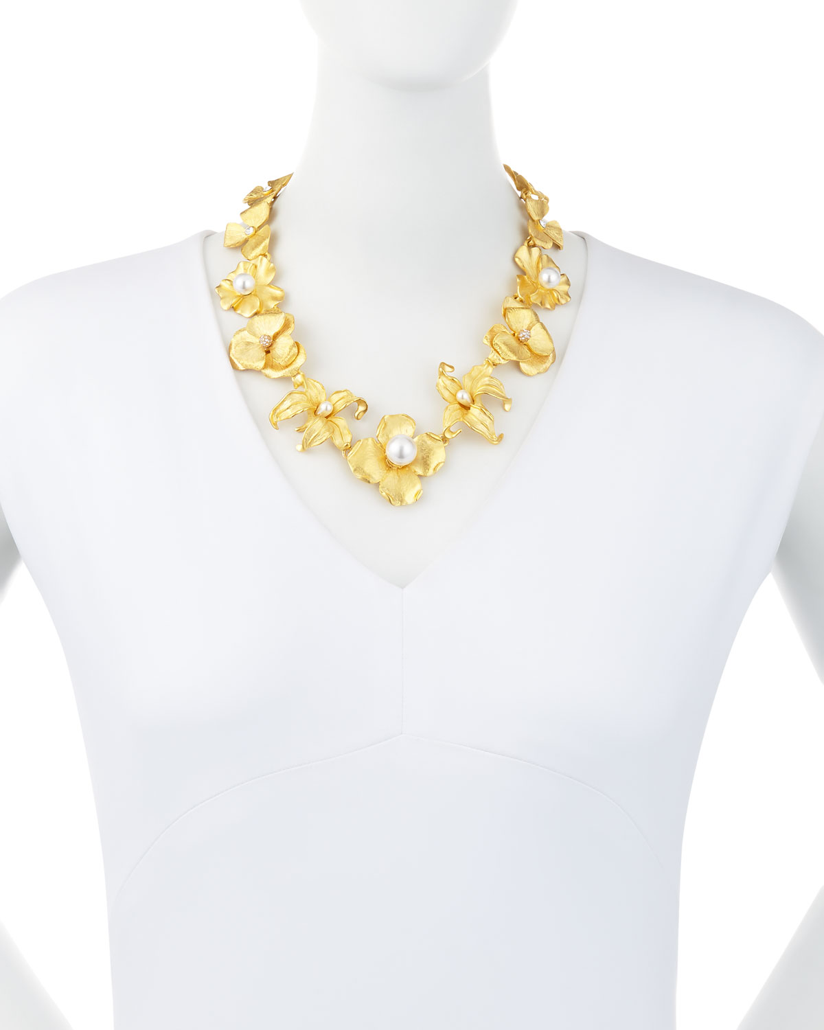 Golden Flower Statement Necklace with Pearly Beads