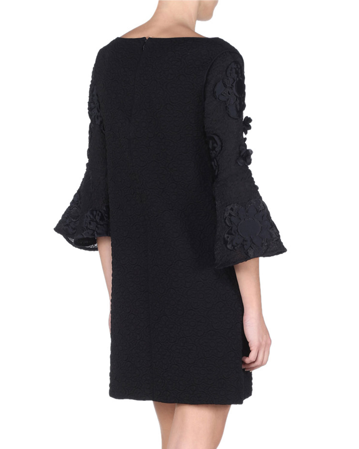 Trumpet-Sleeve Shift Dress with Fur Flower, Black