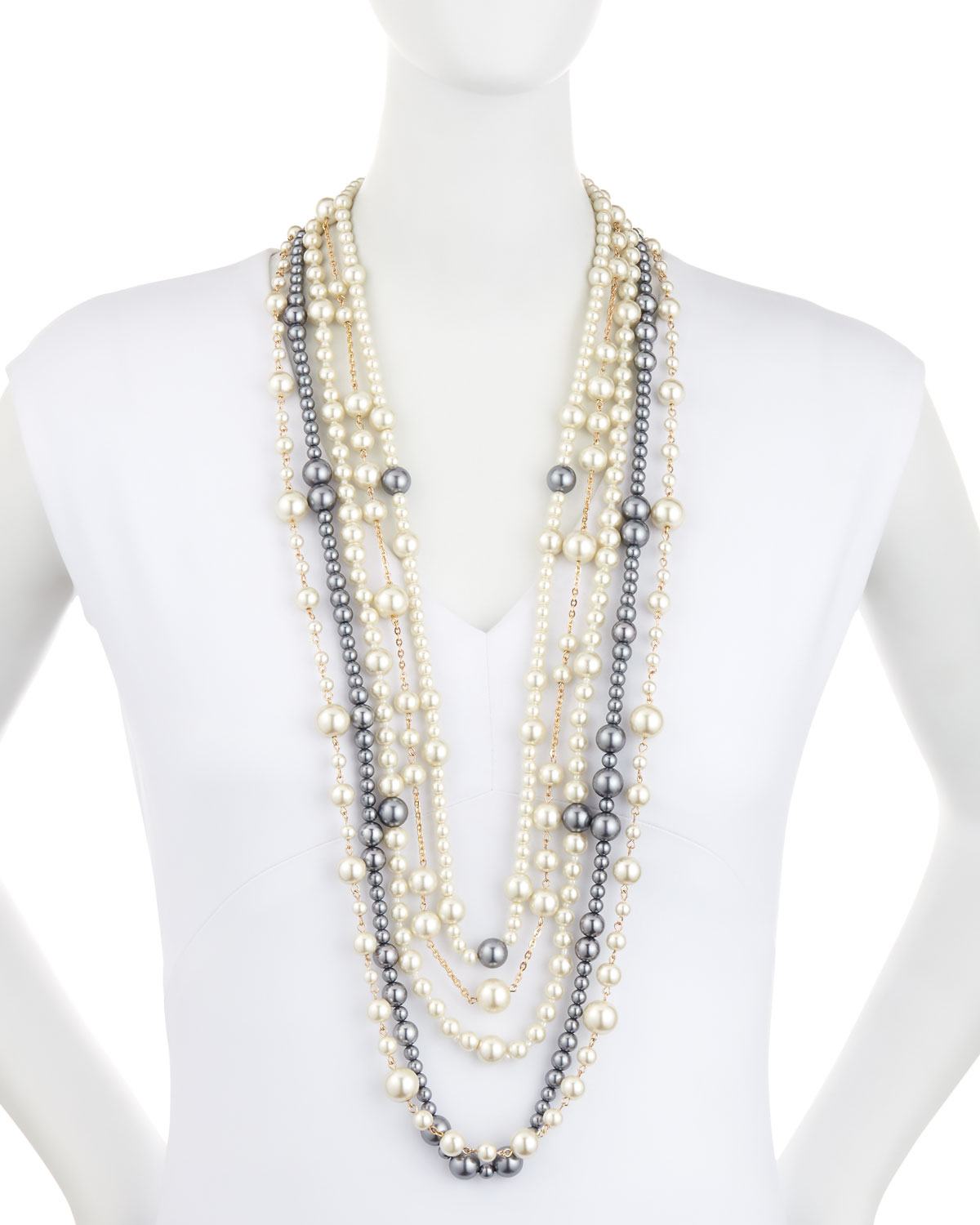 Multi-Strand Pearly Bead Necklace, White/Gray, 32"L