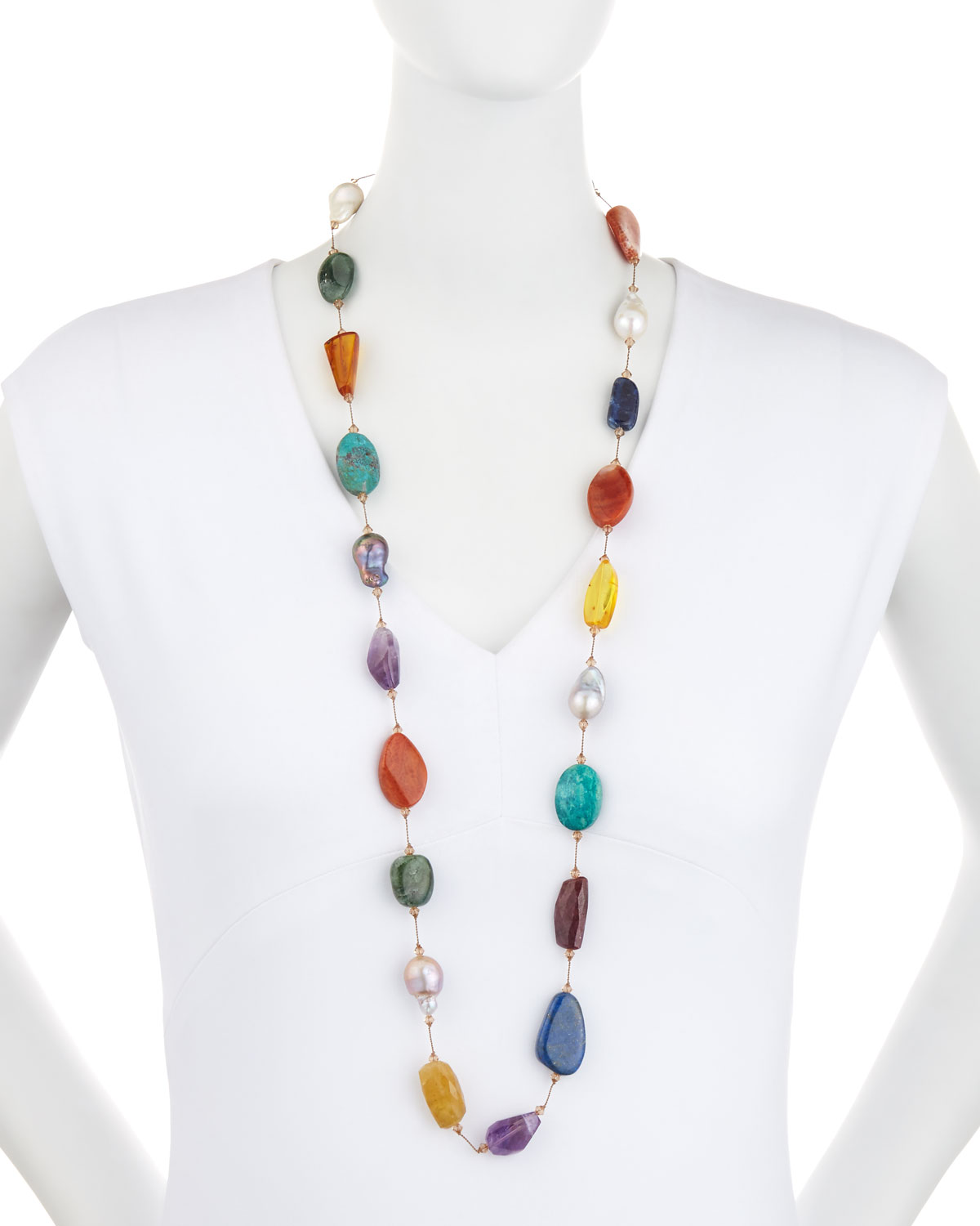 Multi-Stone & Pearl Hand-Knotted Necklace, 35"