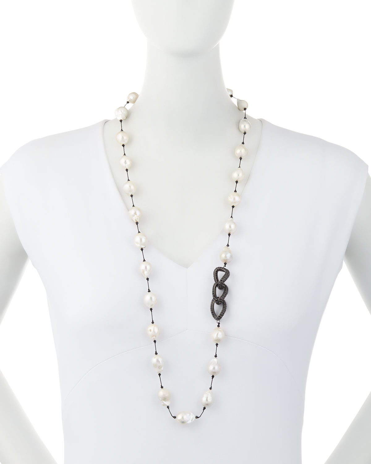 Baroque Pearl & Black Spinel Link Necklace, 35"