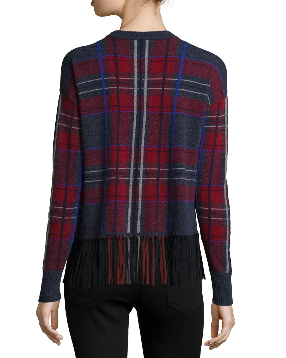 Cashmere Plaid Crewneck w/ Suede Fringe Hem