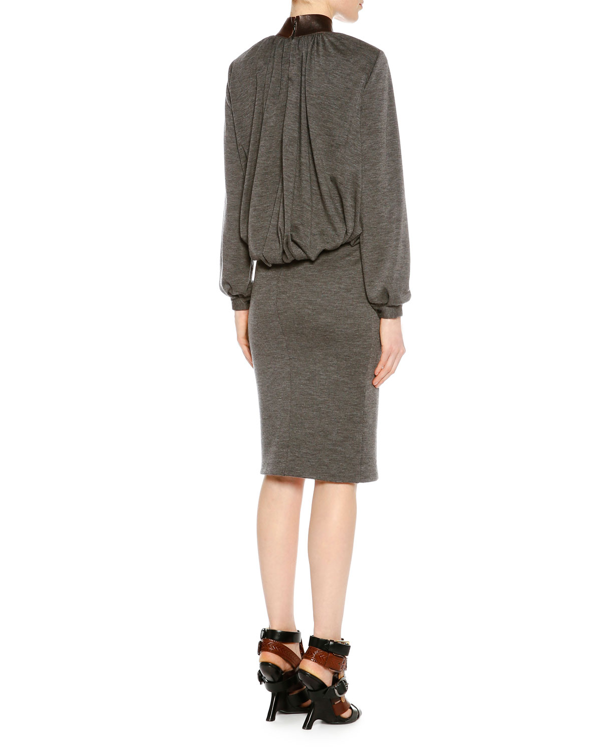 Mock-Neck Blouson Combo Dress, Gray Melange