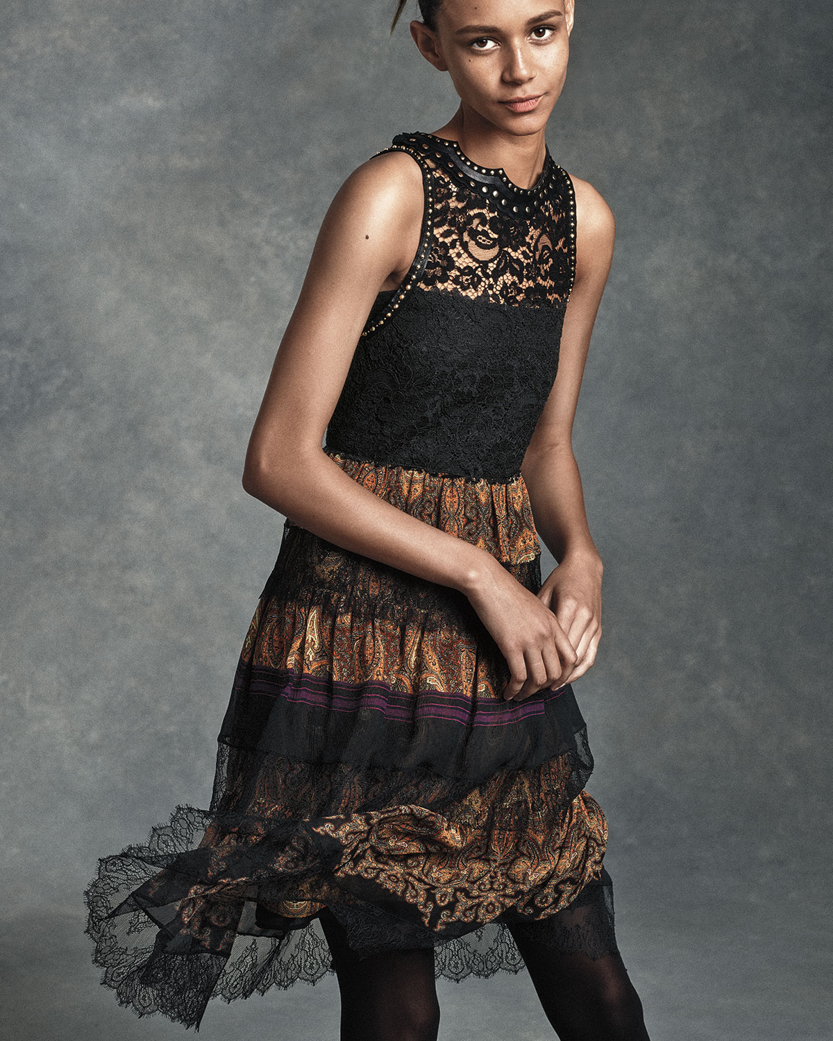 Paisley Tiered-Lace Sleeveless Dress, Black/Gold