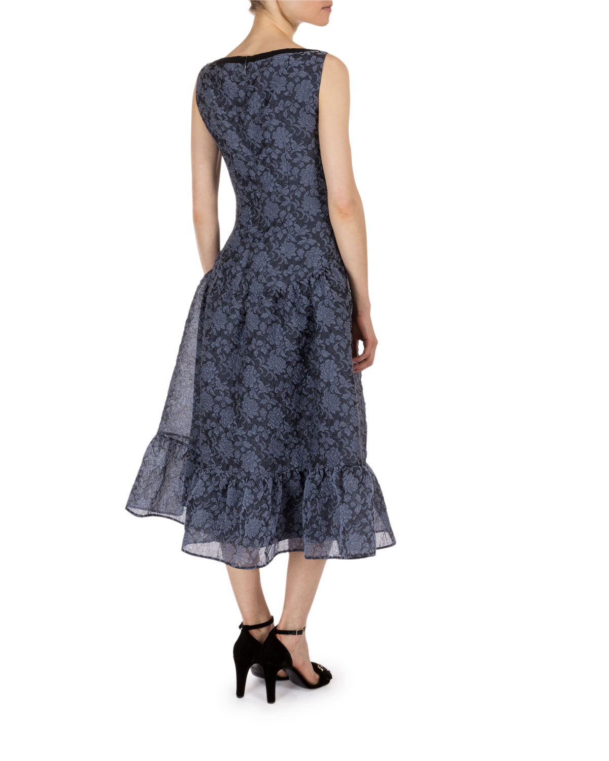 Floral Jeweled-Trim Sleeveless Midi Dress, Slate Blue