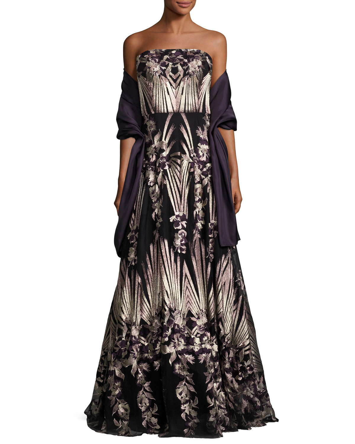 Strapless Embroidered Ball Gown, Purple/Gold