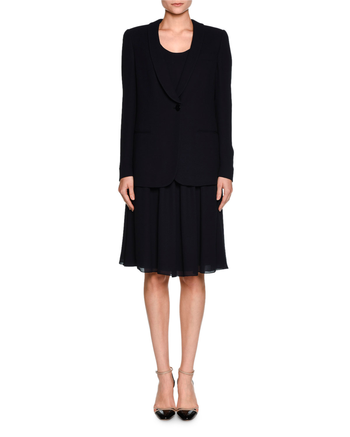 Short-Sleeve Pleated A-Line Dress, Navy