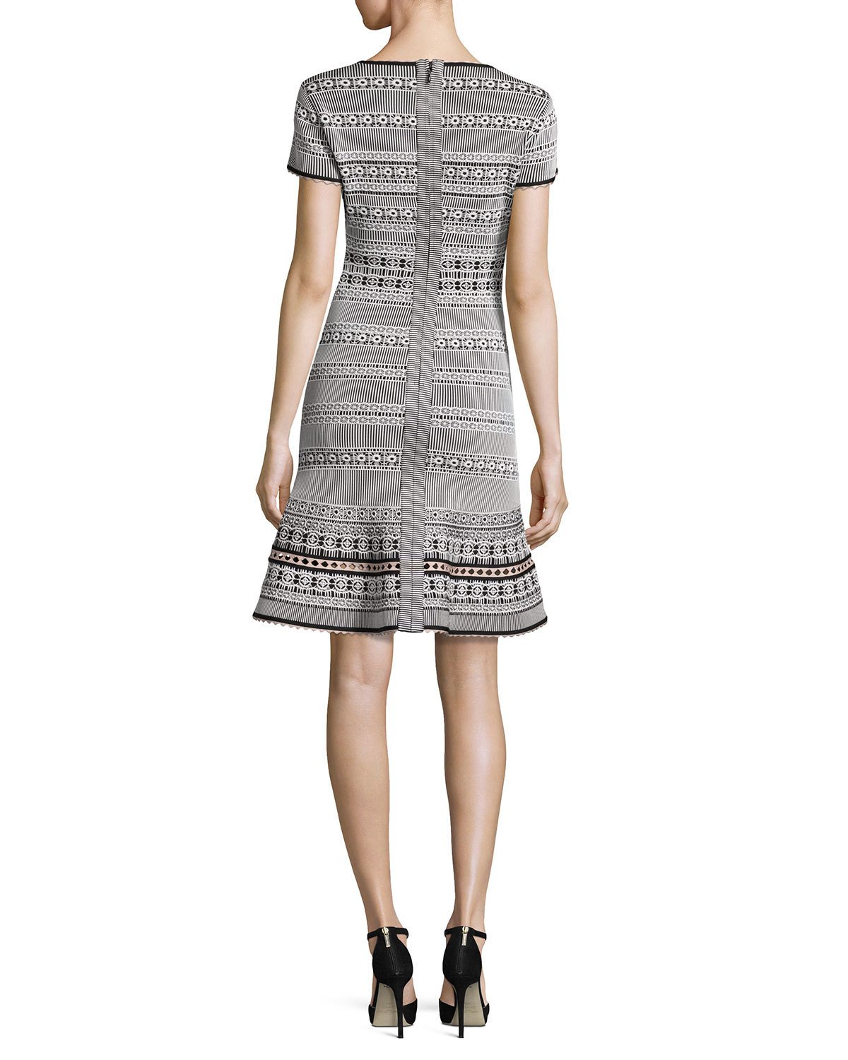 Short-Sleeve Flared Jacquard Dress, Black/White