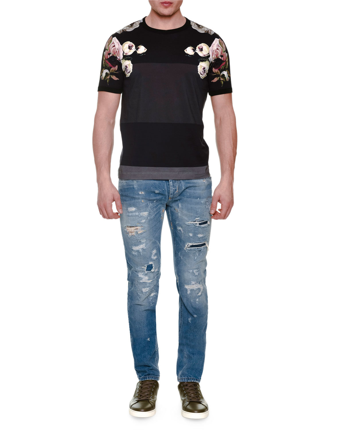 Thick-Stripe Floral-Print Short-Sleeve T-Shirt, Black