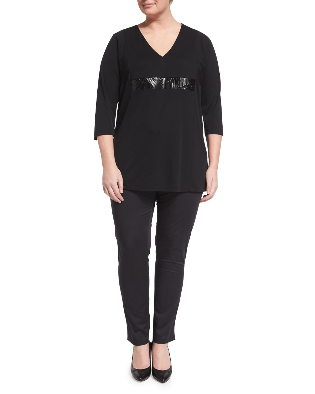 Vento 3/4-Sleeve Jersey Tunic W/ Leatherette Inset, Plus Size 