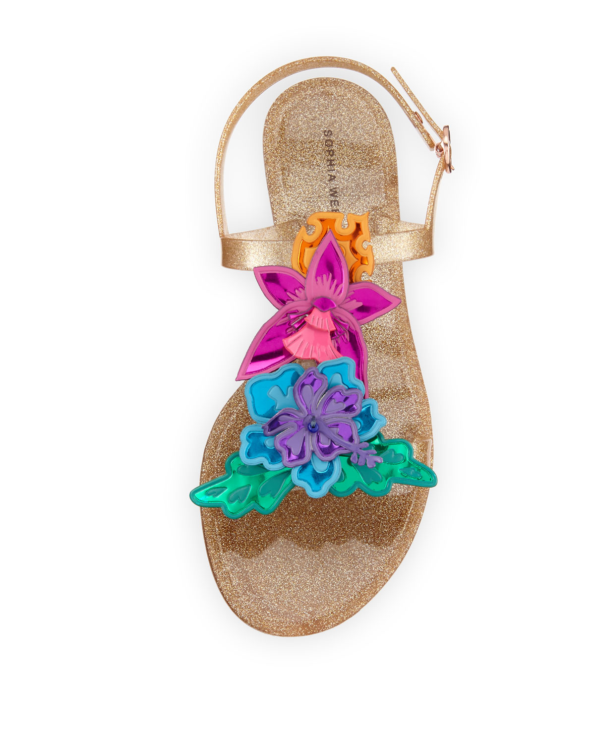 Hula 3D Floral Jelly Flat Sandal, Gold