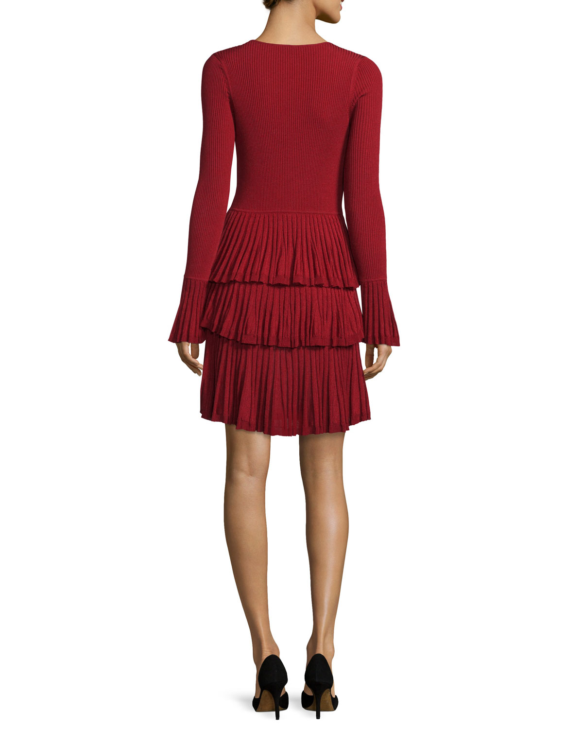 Sharlynn Long-Sleeve Tiered Dress, Rubiate