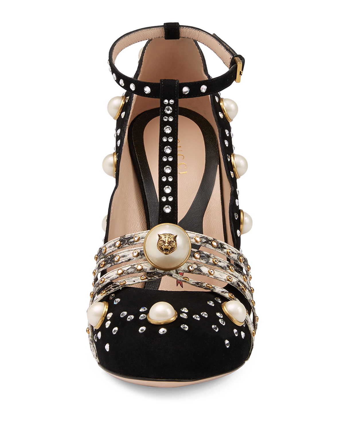 Ofelia Pearly Studded T-Strap Pump, Nero