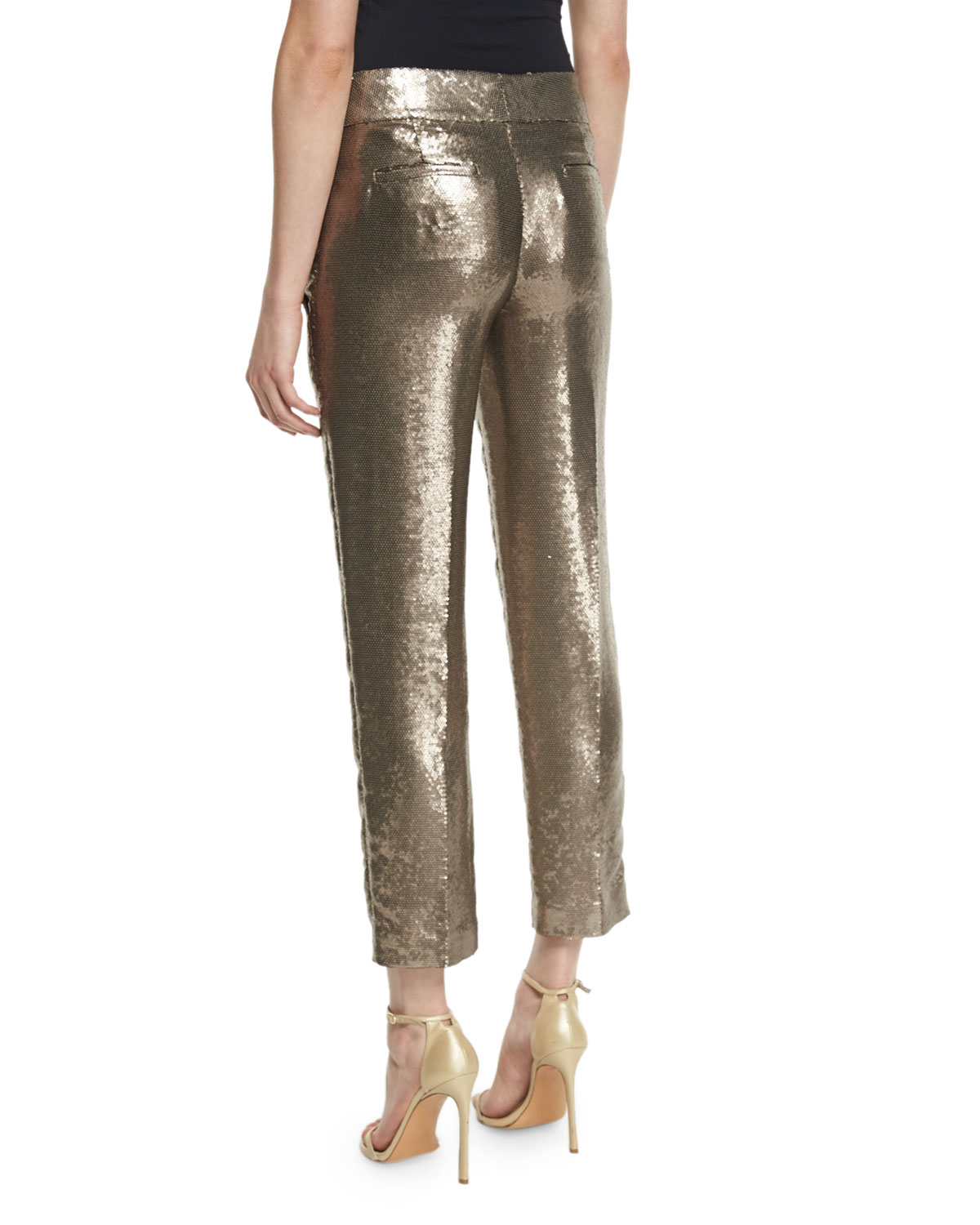 Sequined Flat-Front Cropped Trousers, Rye