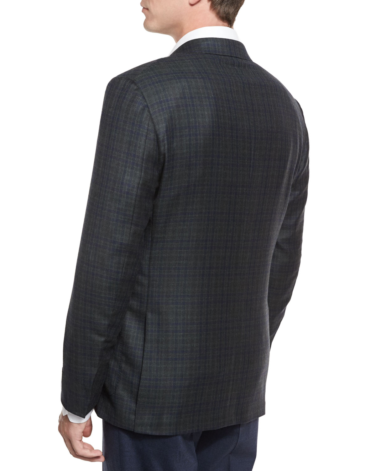 Plaid Two-Button Sport Coat, Olive/Navy