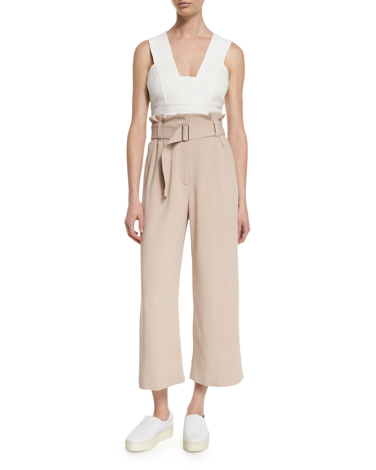 Dillon Belted Paperbag-Waist Gaucho Pants, Whisper