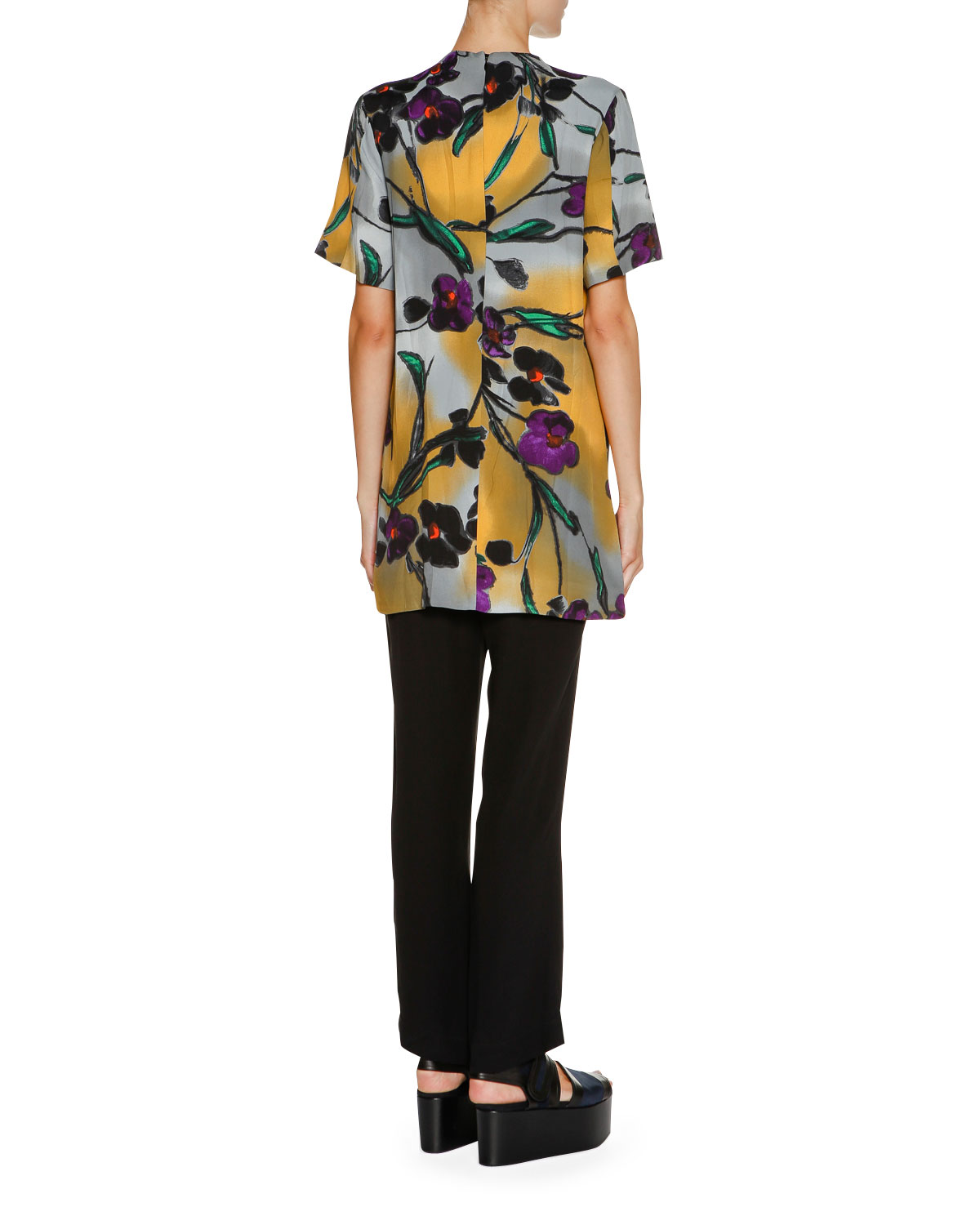 Floral V-Neck Short-Sleeve Tunic, Dark Smoke