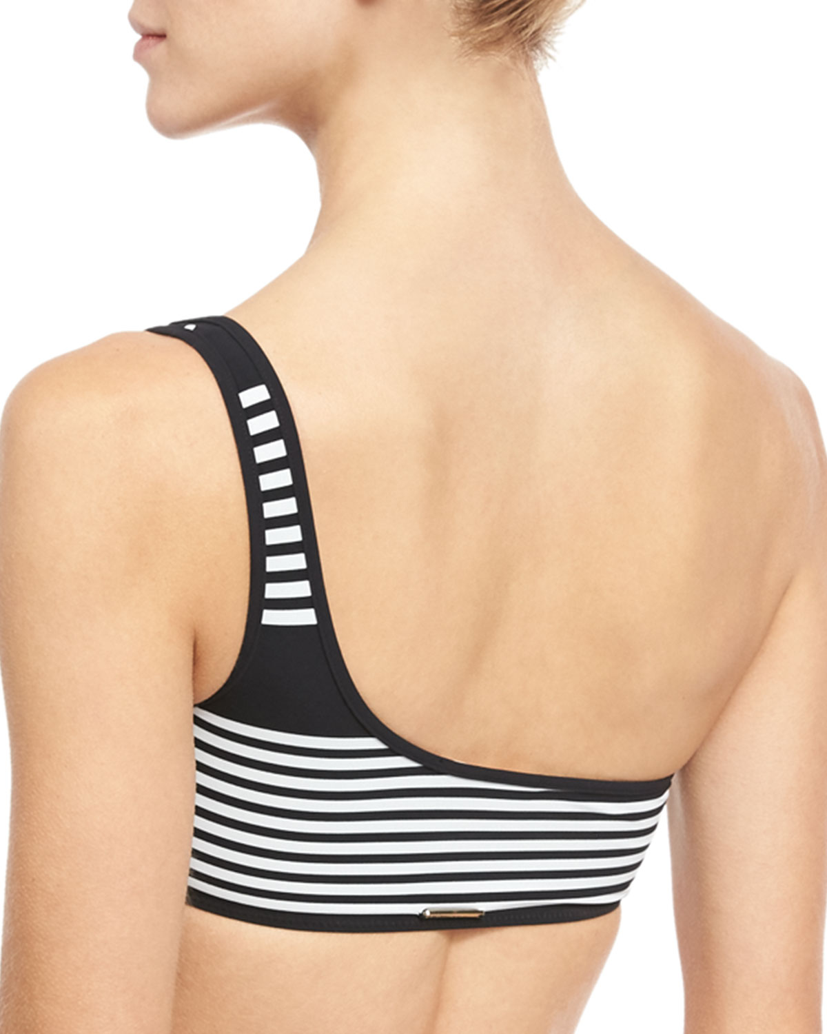 Striped & Polka Dot One-Shoulder Swim Top, Black/White