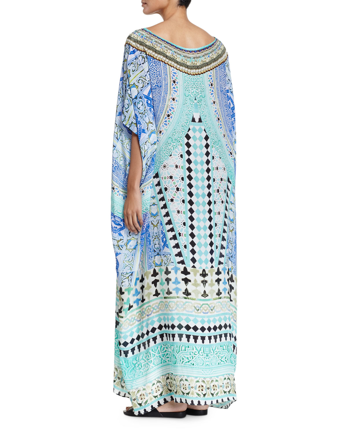 Printed Embellished Round-Neck Maxi Caftan Coverup, Andalusia