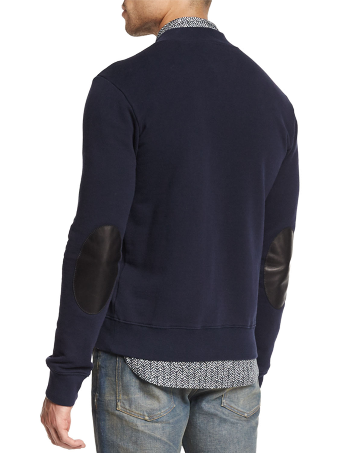 Zip-Up Knit Bomber Jacket with Elbow Patches, Navy