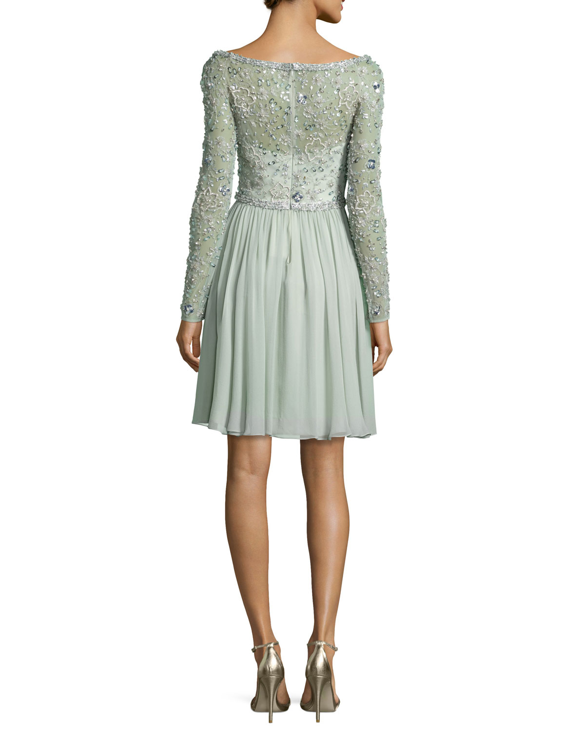 Beaded Long-Sleeve Boat-Neck Dress, Azure