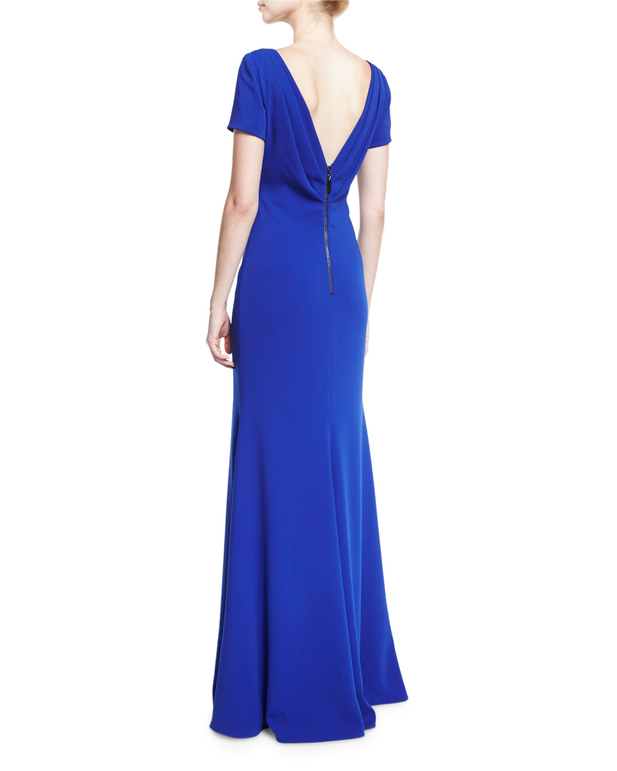 Short-Sleeve Stretch Crepe Gown, Electric Blue