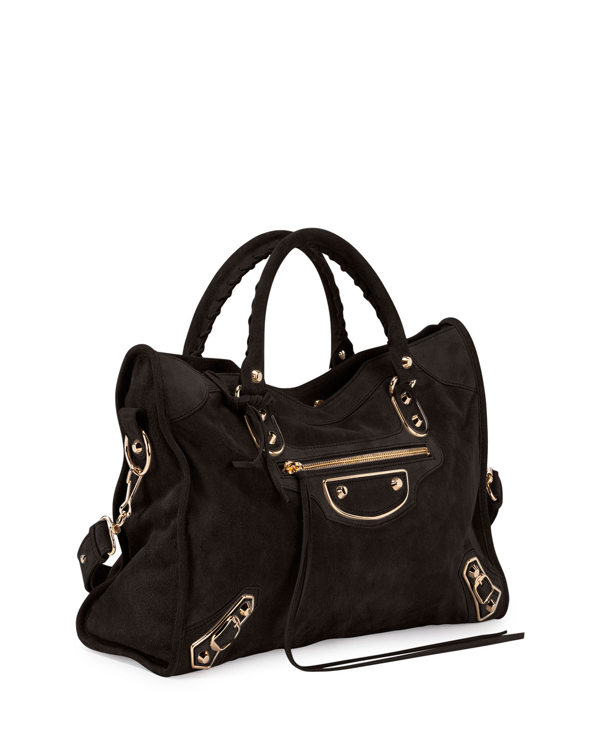 Metallic Edge Suede City Bag, Black