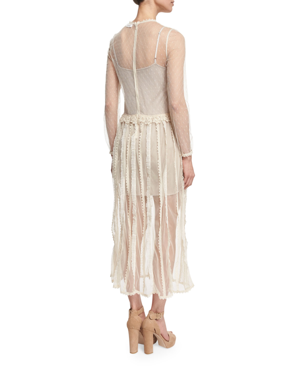Long-Sleeve Lace & Macrame Midi Dress, Ivory