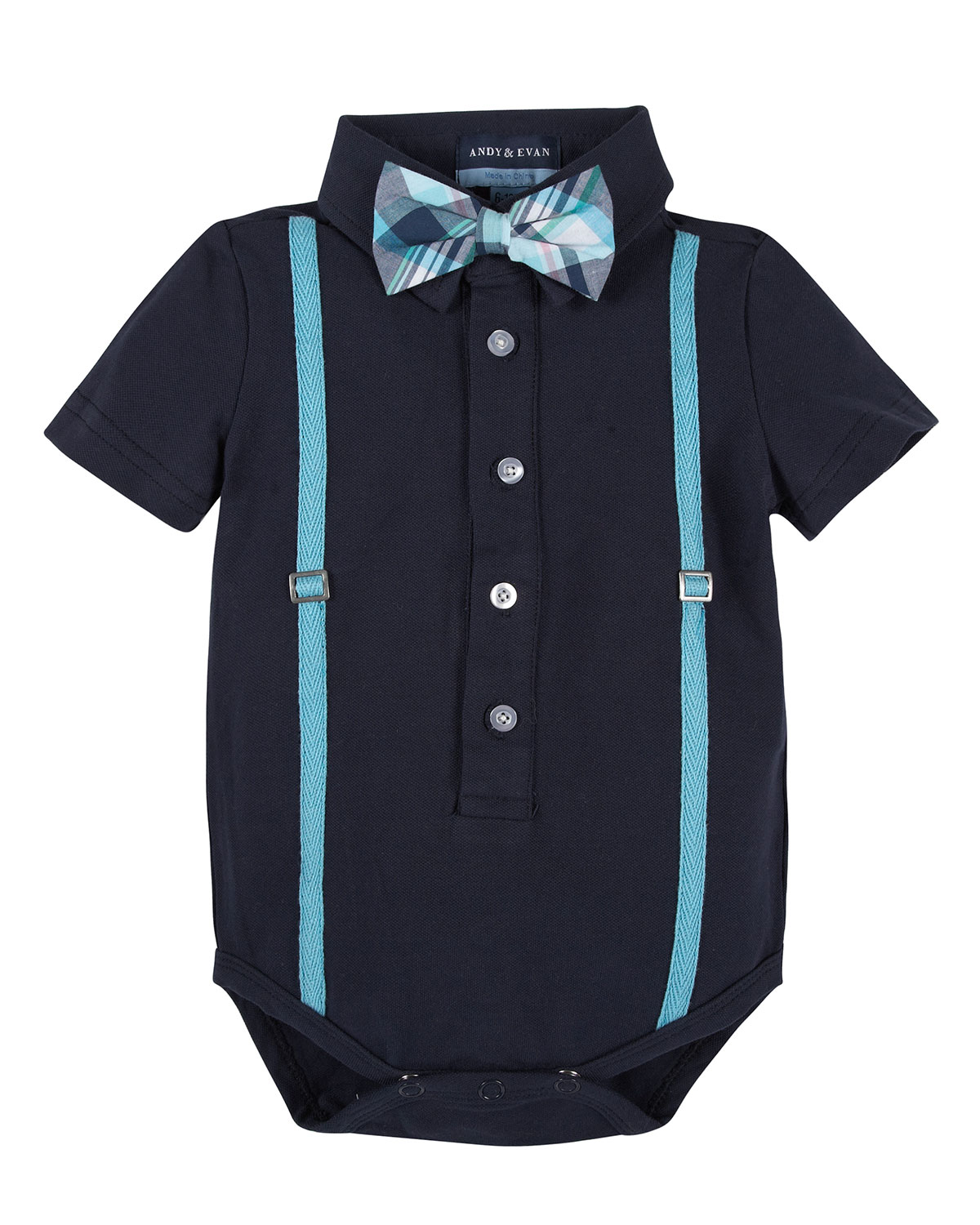 Short-Sleeve Polo Suspender Shirtzie w/ Plaid Shorts, Navy, Size 3-24 Months