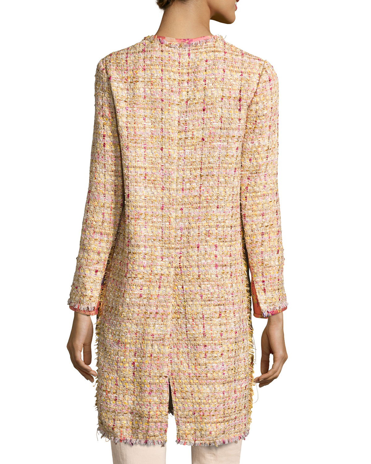 Brocade-Panel Tweed Coat, Peach