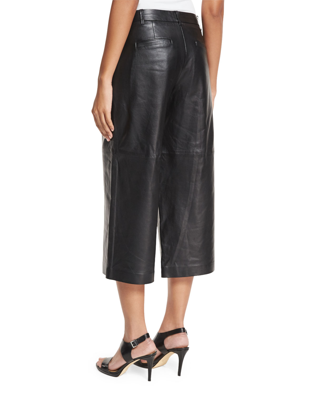 Pleated Leather Culottes, Black