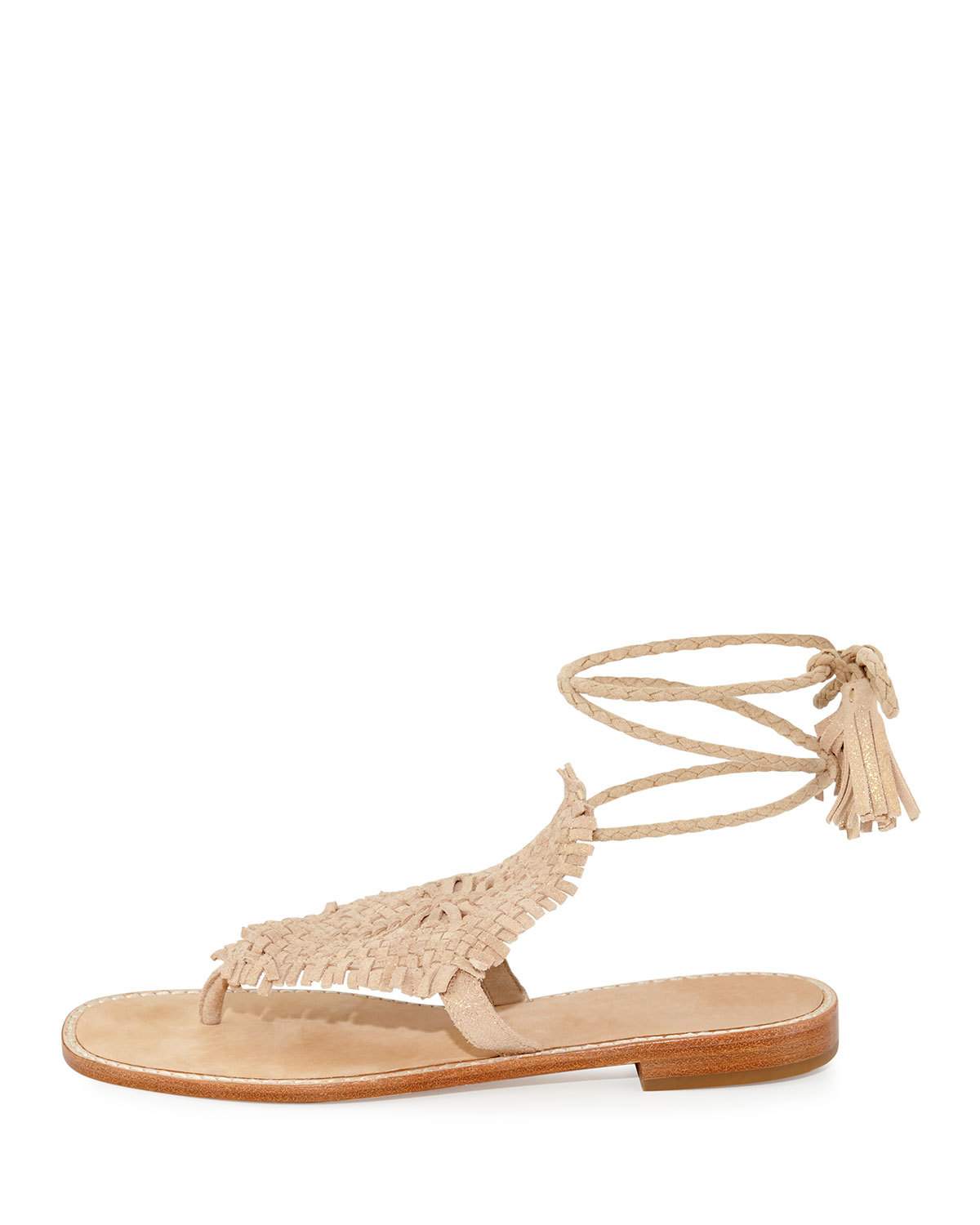 Kacia Woven Flat Ankle-Wrap Sandal, Warm Gold