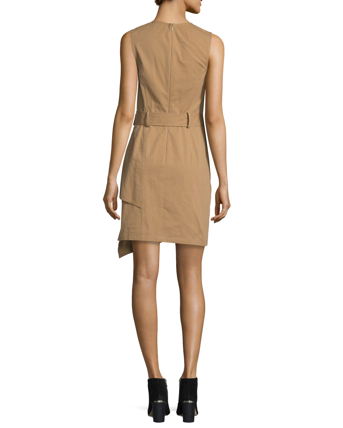 Sleeveless Draped Trench Dress, Khaki