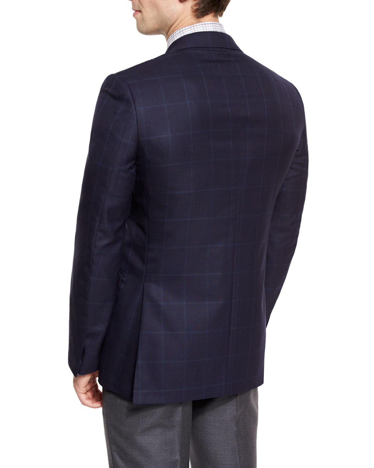 Windowpane-Check Wool Two-Button Sport Coat, Navy