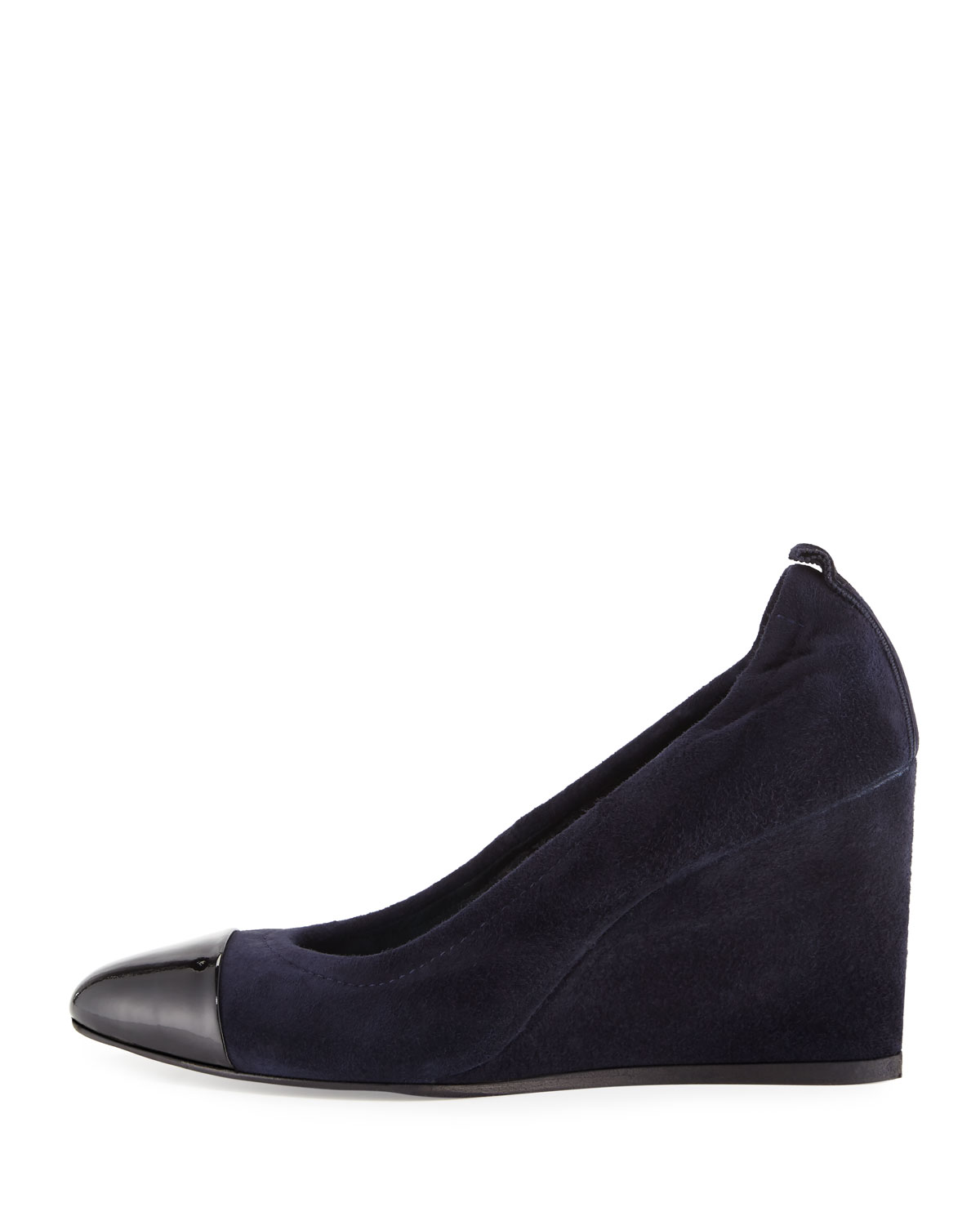 Nubuck Cap-Toe Wedge Pump, Dark Blue/Black