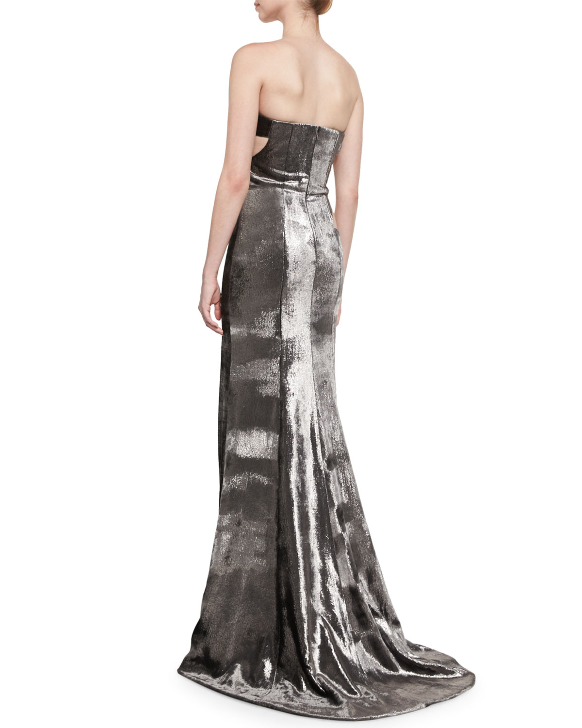 Panne Velvet Strapless Gown, Carbon Silver