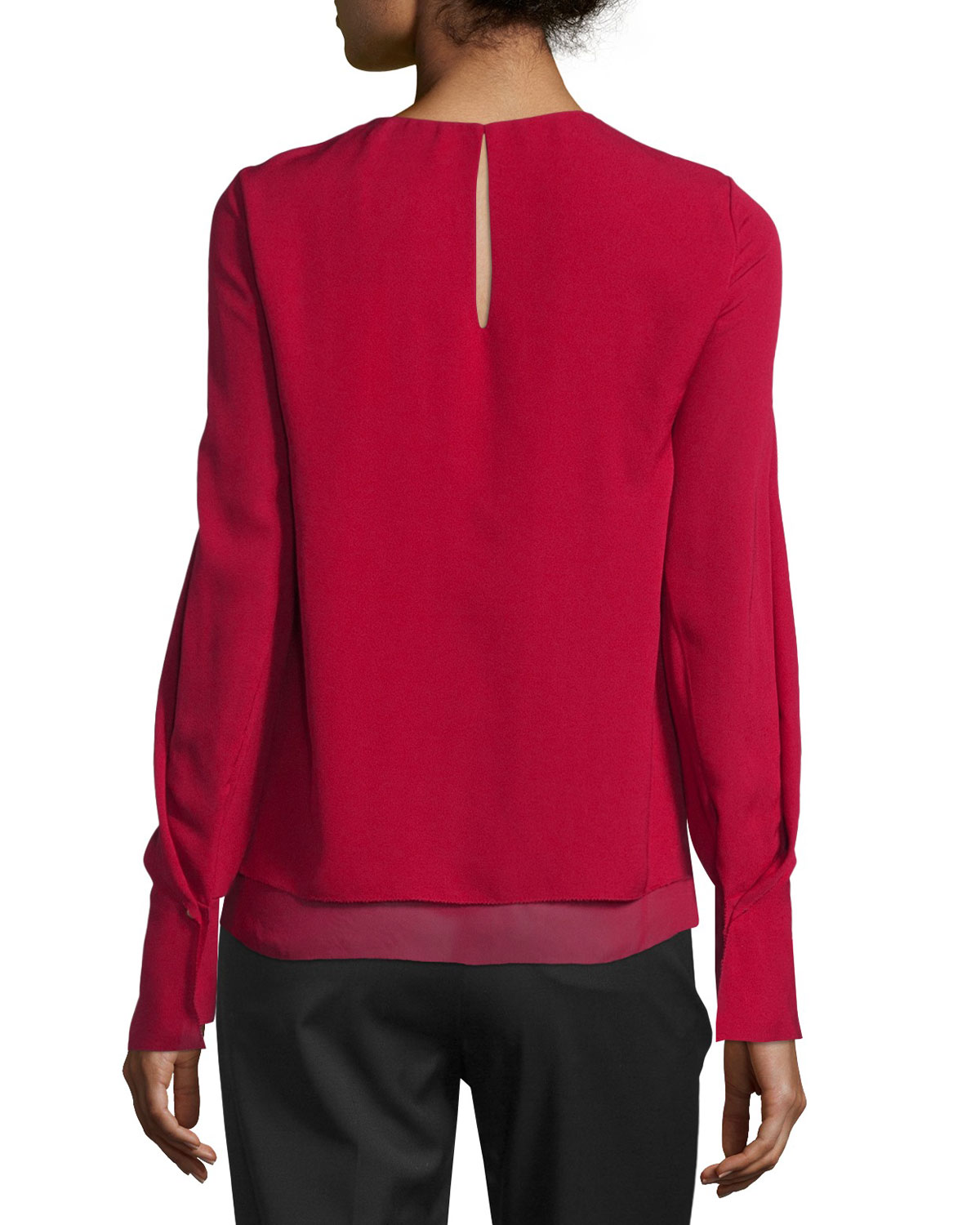 Long-Sleeve Tiered Silk Blouse, Ruby